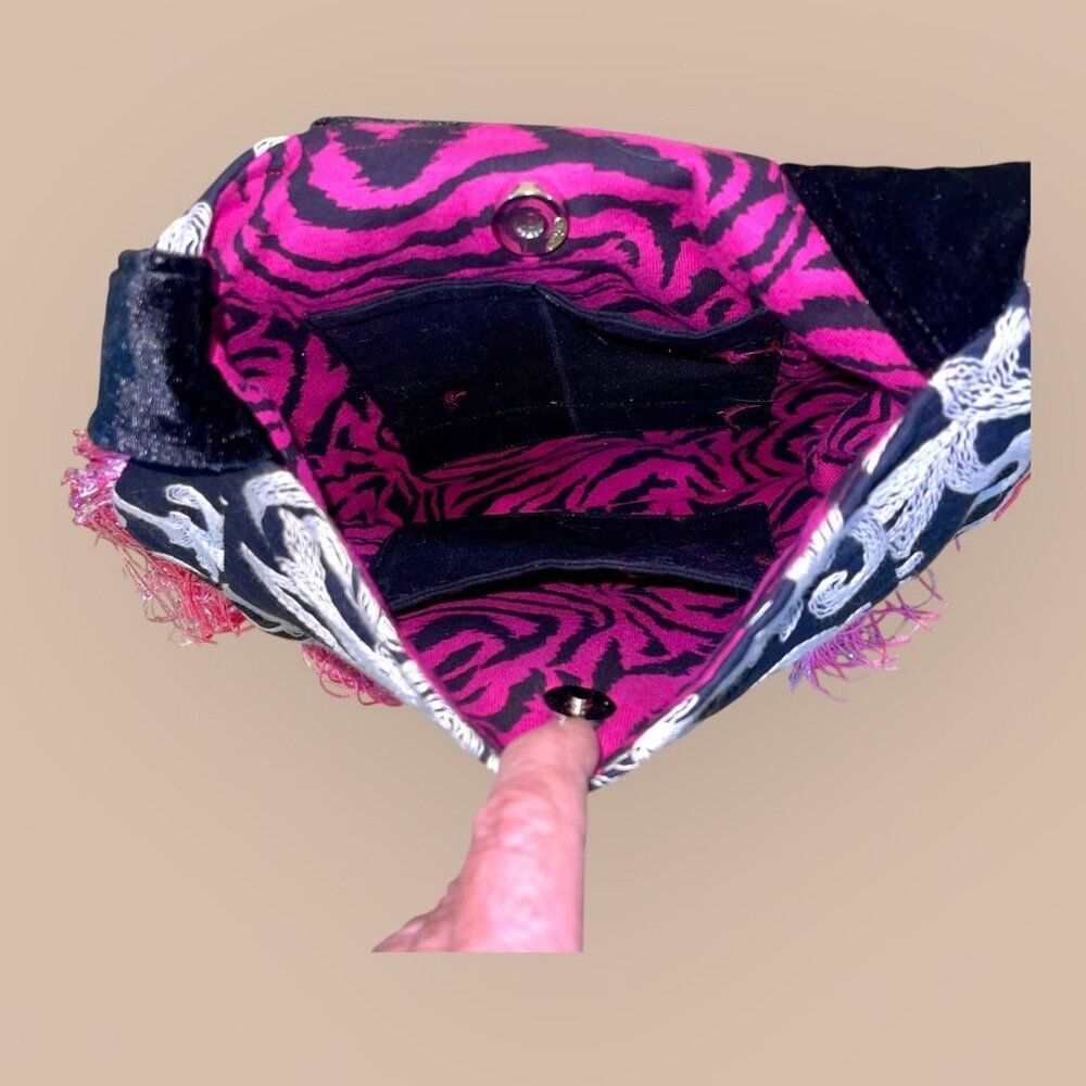 Black & Pink Eclectic Handmade Upcycled Boho Fringed Crossbody Bag - Picture 7 of 9